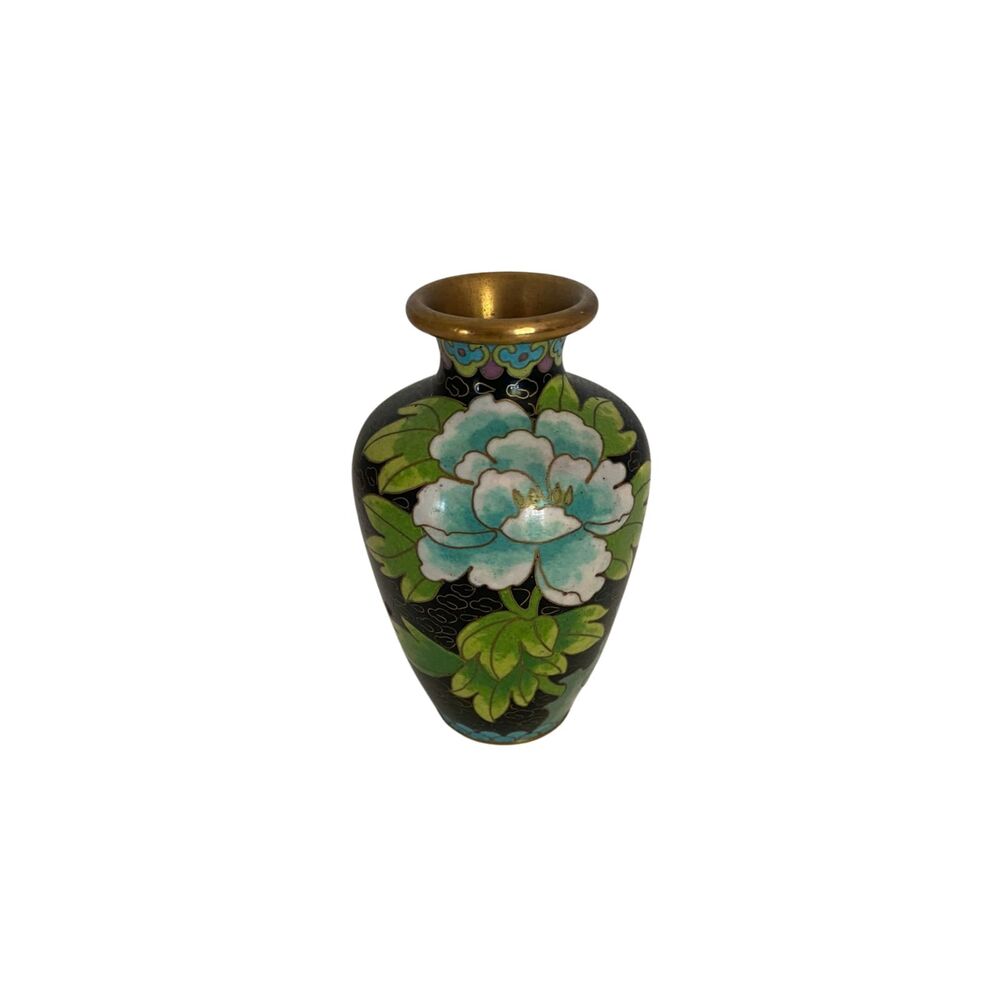 VTG Chinese Jingfa Cloisonné Enamel Brass Vase 4” Tall Floral Decor